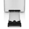 A close-up view of the bottom part of a silver toaster with its crumb tray extended. Voir les images du produit