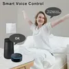 A woman is stretching in bed while a smart speaker and a thermostat are visible on a nightstand. Produktbild-Vorschau