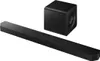 A black soundbar and subwoofer are displayed on a white background. Produktbild-Vorschau