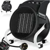 A black and white electric heater with a remote control and plug. Produktbild-Vorschau