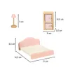 Dollhouse furniture including a bed, a cabinet, and a lamp, with dimensions indicated. Podgląd zdjęcia produktu