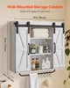 A white wall-mounted storage cabinet with sliding barn doors, featuring shelves and a towel rack, displayed in a room setting. Voir les images du produit