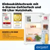 A product image featuring a white built-in refrigerator with its door open, showcasing food items inside. To the left, there are two award badges and product details listed. Produktbild-Vorschau
