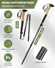 A marketing image showcasing hiking poles with various features highlighted by text and icons. Produktbild-Vorschau