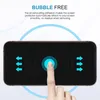 A finger is shown pressing on a smartphone screen protector, with arrows indicating air being pushed out. Produktbild-Vorschau