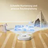 A white robot vacuum cleaner is shown on a wooden floor in a child's room, projecting a holographic map of the room. Toys, including a rocking horse and a teepee tent, are visible in the background. Voir les images du produit