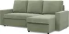 A green sectional sofa with a chaise lounge is shown from a front-side angle against a white background.