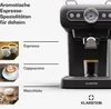 A black espresso machine is shown next to images and text describing different coffee drinks. Produktbild-Vorschau