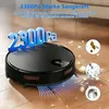 A black robot vacuum cleaner is shown on a wooden floor, with text and graphics highlighting its suction power and cleaning capabilities. Produktbild-Vorschau