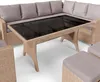 A rattan-effect outdoor lounge furniture set with a corner sofa, table, and stools on a white background. Náhľad obrázku produktu