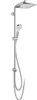 A chrome showerpipe with a square overhead shower and a handheld showerhead. Produktbild-Vorschau