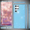 A collage showing a smartphone with a glittery blue case and a screen protector. Produktbild-Vorschau