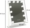 A white LED makeup mirror with lights is shown on a white background with dimensions indicated. Anteprima dell’immagine prodotto