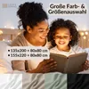 A mother and child reading a book in bed, with fairy lights in the background. Below are swatches of different fabric colors. Produktbild-Vorschau