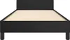 A black bed frame with a headboard and wooden slats for a mattress, shown from the front. Náhled obrázku produktu