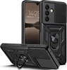 A black armor phone case with a sliding camera cover and a ring stand, shown from multiple angles. Produktbild-Vorschau