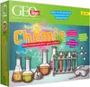 A box for a chemistry experiment kit for children, featuring illustrations of lab equipment and chemical formulas. Voir les images du produit