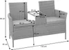 A diagram showing the dimensions of a poly-rattan bench with a table and cushions. Produktbild-Vorschau