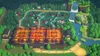 An aerial view of a game map with a large building complex in the foreground and a forest and waterfall in the background. Produktbild-Vorschau