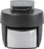 A dark gray Homematic IP motion detector with a clear Fresnel lens is shown against a white background. Produktbild-Vorschau