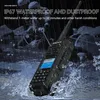 A walkie-talkie is shown in the rain, with text highlighting its waterproof and dustproof features. Produktbild-Vorschau