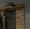 A close-up view of a wooden wall-mounted coat rack with a shelf and hooks, featuring a hat and a box on the shelf, and a dark panel on the wall. Produktbild-Vorschau
