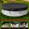A round pool cover is shown on top of an above-ground pool, with three inset images demonstrating fastening options. Náhľad obrázku produktu