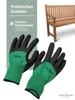 A wooden garden bench and a pair of gardening gloves are shown, with text indicating practical accessories. Produktbild-Vorschau