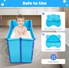 A young boy is sitting in a blue foldable bathtub filled with bubbles. The background shows a modern bathroom setting. To the right, there are two inset images highlighting product features with text labels. Náhled obrázku produktu