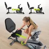 A woman is adjusting a recumbent exercise bike, with diagrams showing different dimensions of the bike. Produktbild-Vorschau