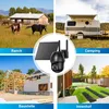 A collage of four images showing different use cases for a solar-powered security camera, with a central image of the camera and solar panel. Náhled obrázku produktu