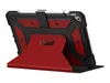 The back view of a black and red UAG Metropolis case for an iPad, with the case stand deployed and an Apple Pencil attached. Produktbild-Vorschau