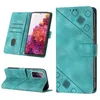 A collage of images showing a teal flip leather wallet case for a Samsung Galaxy S20 FE. Produktbild-Vorschau