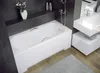 A modern bathroom with a white bathtub, a dark gray wall, and wooden flooring. Produktbild-Vorschau