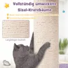 A cat is scratching a sisal scratching post, with text overlays highlighting product features. Podgląd zdjęcia produktu
