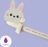 A close-up marketing image of a bunny-themed pen with a large bunny illustration in the background and a purple color swatch in the foreground. Produktbild-Vorschau