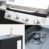 A collage of three close-up images showing different parts of an outdoor kitchen unit, including a gas grill, a sink with faucet, and a burner. Produktbild-Vorschau