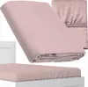 A pink fitted sheet is shown folded and then on a mattress. Produktbild-Vorschau