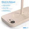 A light beige phone case is shown with a liquid-like substance pouring onto it, creating ripples. Text overlays describe the features of the case. Produktbild-Vorschau