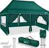 A green pop-up gazebo tent is displayed with its accessories. Produktbild-Vorschau