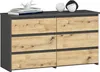 A dresser with six drawers, featuring a dark gray frame and light wood-effect drawer fronts, displayed against a light gray background. Decorative items, including books and two spherical objects, are placed on top.