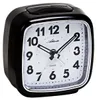 A black alarm clock with a white face and silver trim, shown from a slightly elevated diagonal angle against a white background. Produktbild-Vorschau