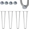 Four metal hairpin table legs and four protective caps are displayed against a white background. Produktbild-Vorschau