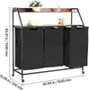 A laundry sorter with three black fabric bins and a wooden top shelf, displayed on a white background with measurement indicators. Podgląd zdjęcia produktu
