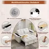 A marketing image showcasing the features of a multifunctional sofa bed. Produktbild-Vorschau