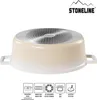 The underside of a cream-colored pot with a silver, textured base and handles, set against a white background. Below the pot are several icons and text indicating product features and compatibility. Produktbild-Vorschau
