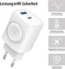 A white USB charger with multiple ports and safety feature icons. Produktbild-Vorschau