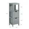 A grey wooden bathroom cabinet with two drawers and an open shelf, shown with dimensions indicated by measurement lines and text. Anteprima dell’immagine prodotto