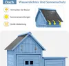 A blue wooden garden shed with a gray roof, shown from the front and a close-up of the roof. Voir les images du produit