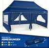 A diagram showing the dimensions of a blue pop-up gazebo, with a separate image of its carrying bag. Anteprima dell’immagine prodotto